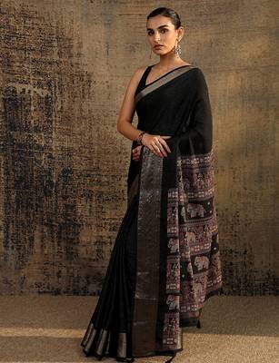 black solid saree with unstitched blouse piece 2