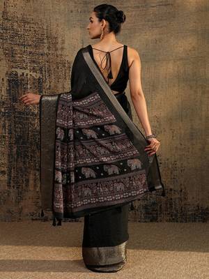 black solid saree with unstitched blouse piece 3