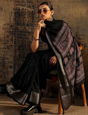black solid saree with unstitched blouse piece 4