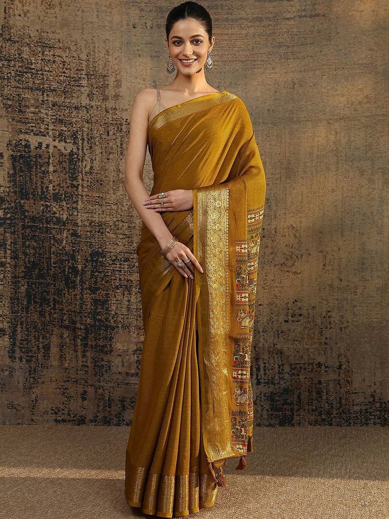 mustard solid saree with unstitched blouse piece