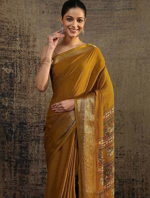 mustard solid saree with unstitched blouse piece 2