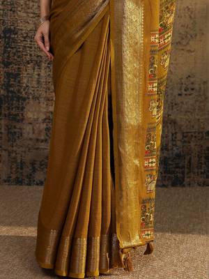 mustard solid saree with unstitched blouse piece 5