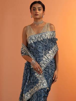 blue bandhani printed chinon saree with unstitched blouse piece 1