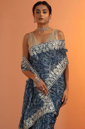 blue bandhani printed chinon saree with unstitched blouse piece