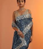 blue bandhani printed chinon saree with unstitched blouse piece