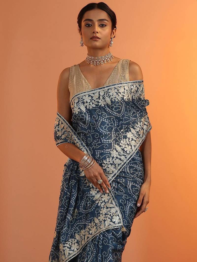blue bandhani printed chinon saree with unstitched blouse piece