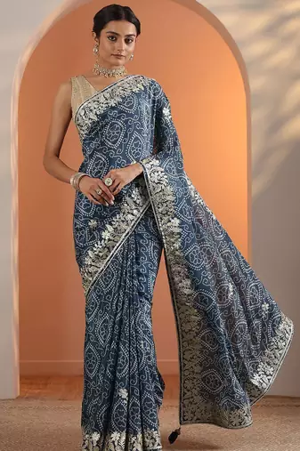 blue bandhani printed chinon saree with unstitched blouse piece