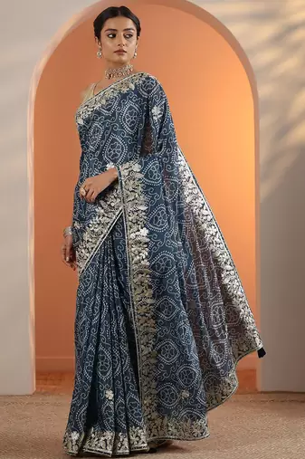 blue bandhani printed chinon saree with unstitched blouse piece