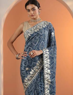 blue bandhani printed chinon saree with unstitched blouse piece 5