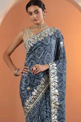 blue bandhani printed chinon saree with unstitched blouse piece