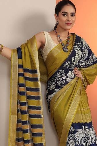 olive printed crepe saree with unstitched blouse piece
