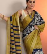 olive printed crepe saree with unstitched blouse piece