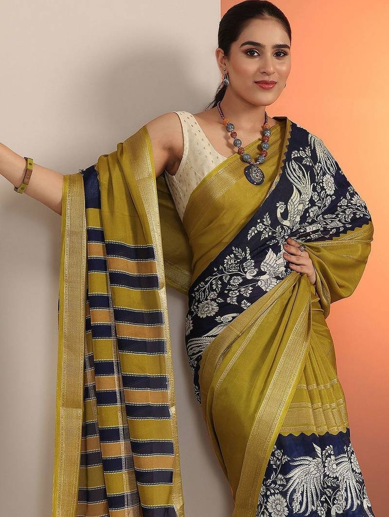 olive printed crepe saree with unstitched blouse piece