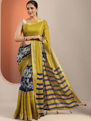 olive printed crepe saree with unstitched blouse piece 2