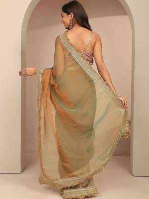 green solid saree with zari taping border and a blouse piece 4
