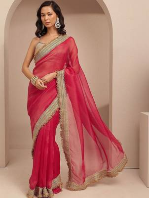 red solid saree with unstitched blouse piece 1