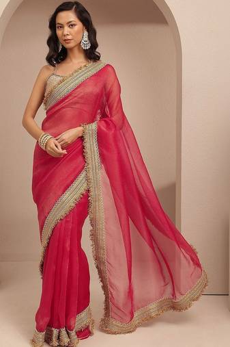 red solid saree with unstitched blouse piece