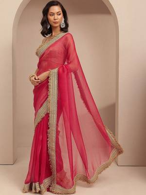 red solid saree with unstitched blouse piece 2