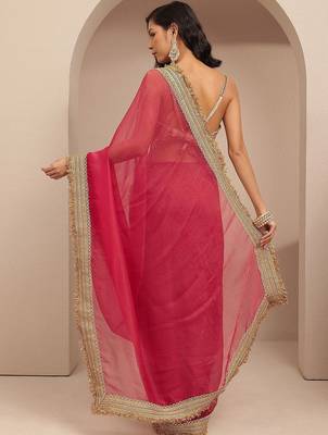 red solid saree with unstitched blouse piece 3