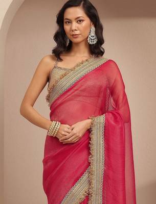 red solid saree with unstitched blouse piece 5