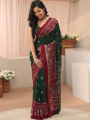 green ethnic motifs georgette saree 1