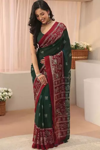 green ethnic motifs georgette saree