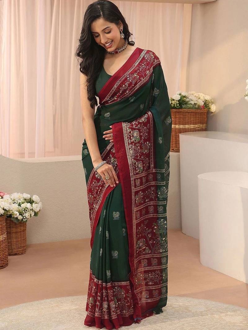 green ethnic motifs georgette saree