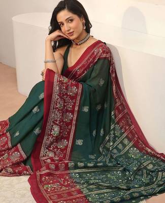 green ethnic motifs georgette saree 2