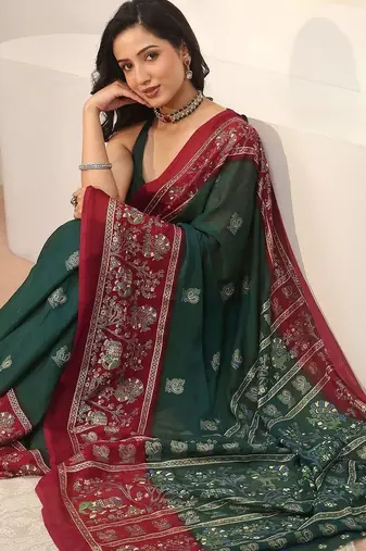 green ethnic motifs georgette saree