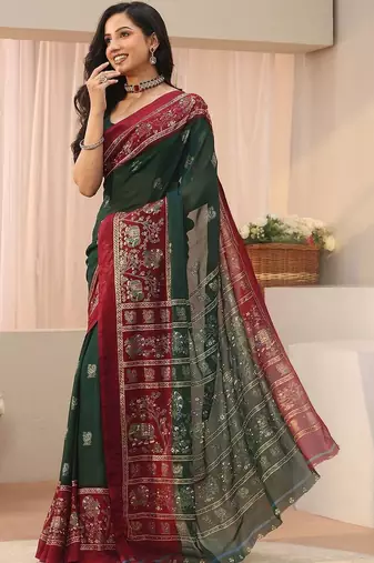 green ethnic motifs georgette saree