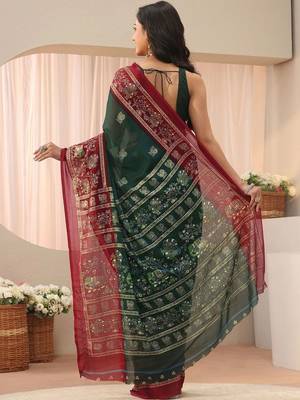green ethnic motifs georgette saree 4