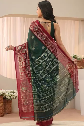 green ethnic motifs georgette saree