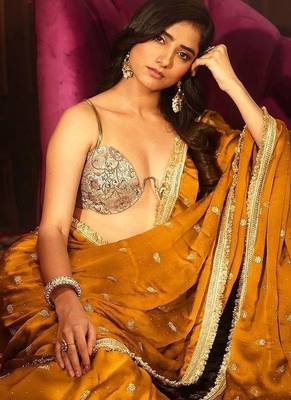 mustard embellished satin saree with gota border 1