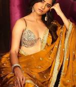 mustard embellished satin saree with gota border