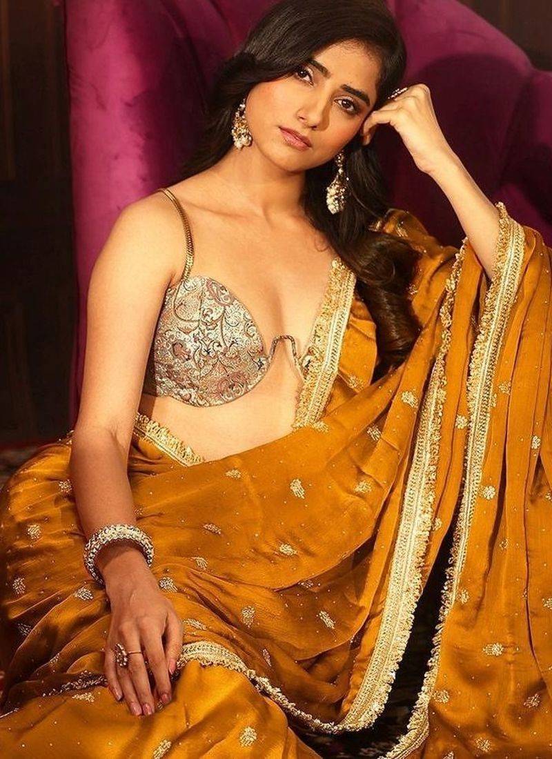 mustard embellished satin saree with gota border