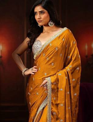 mustard embellished satin saree with gota border 2