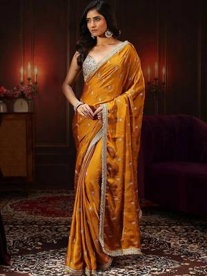 mustard embellished satin saree with gota border 3