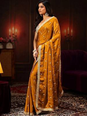 mustard embellished satin saree with gota border 4