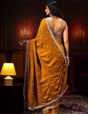 mustard embellished satin saree with gota border 5