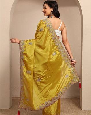 yellow embroidered saree with unstitched blouse piece 3