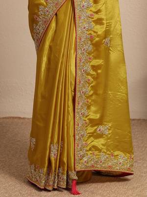 yellow embroidered saree with unstitched blouse piece 5