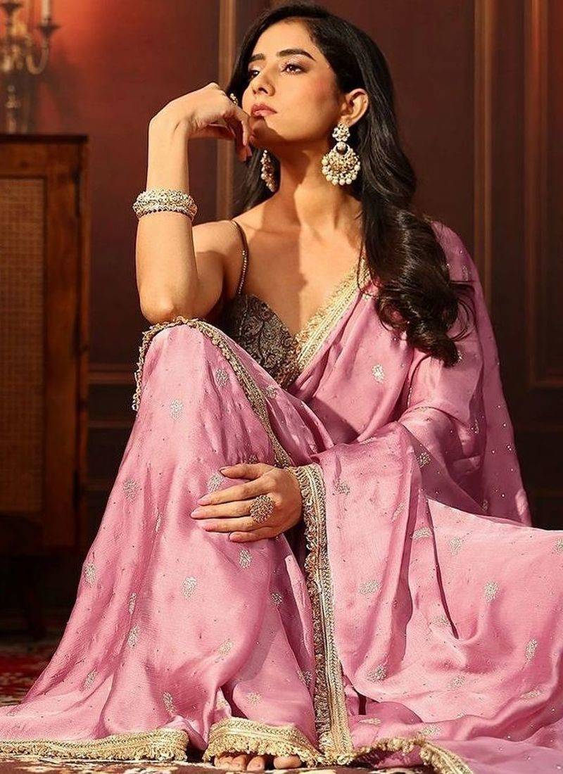 pink bubblegum pink embellished satin saree with gota border