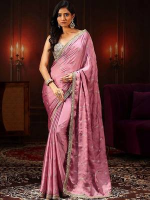 pink bubblegum pink embellished satin saree with gota border 2