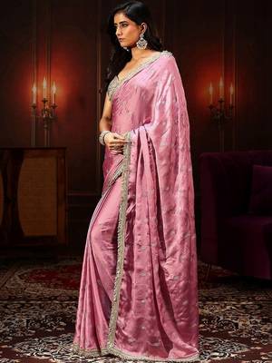 pink bubblegum pink embellished satin saree with gota border 3