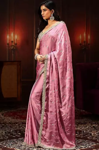 pink bubblegum pink embellished satin saree with gota border