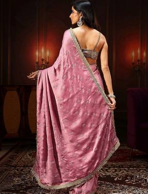 pink bubblegum pink embellished satin saree with gota border 4