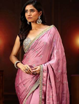 pink bubblegum pink embellished satin saree with gota border 5