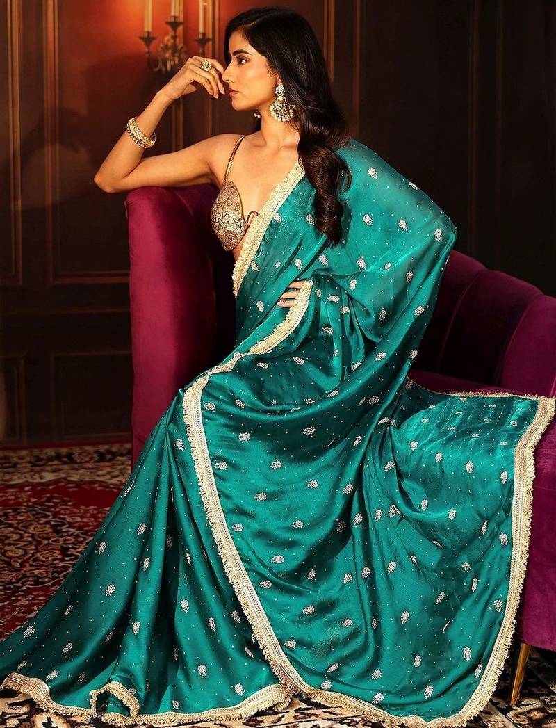 teal cerulean blue embellished satin saree with gota border