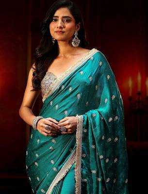 teal cerulean blue embellished satin saree with gota border 2