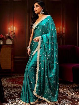teal cerulean blue embellished satin saree with gota border 3